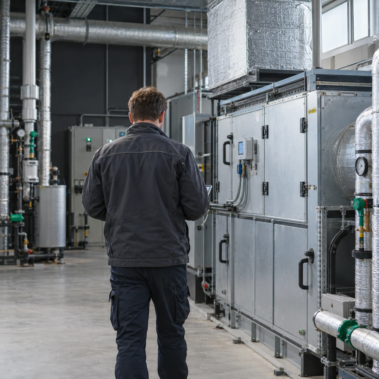 A facility manager with a tablet in front of an air handling unit in a mechanical room