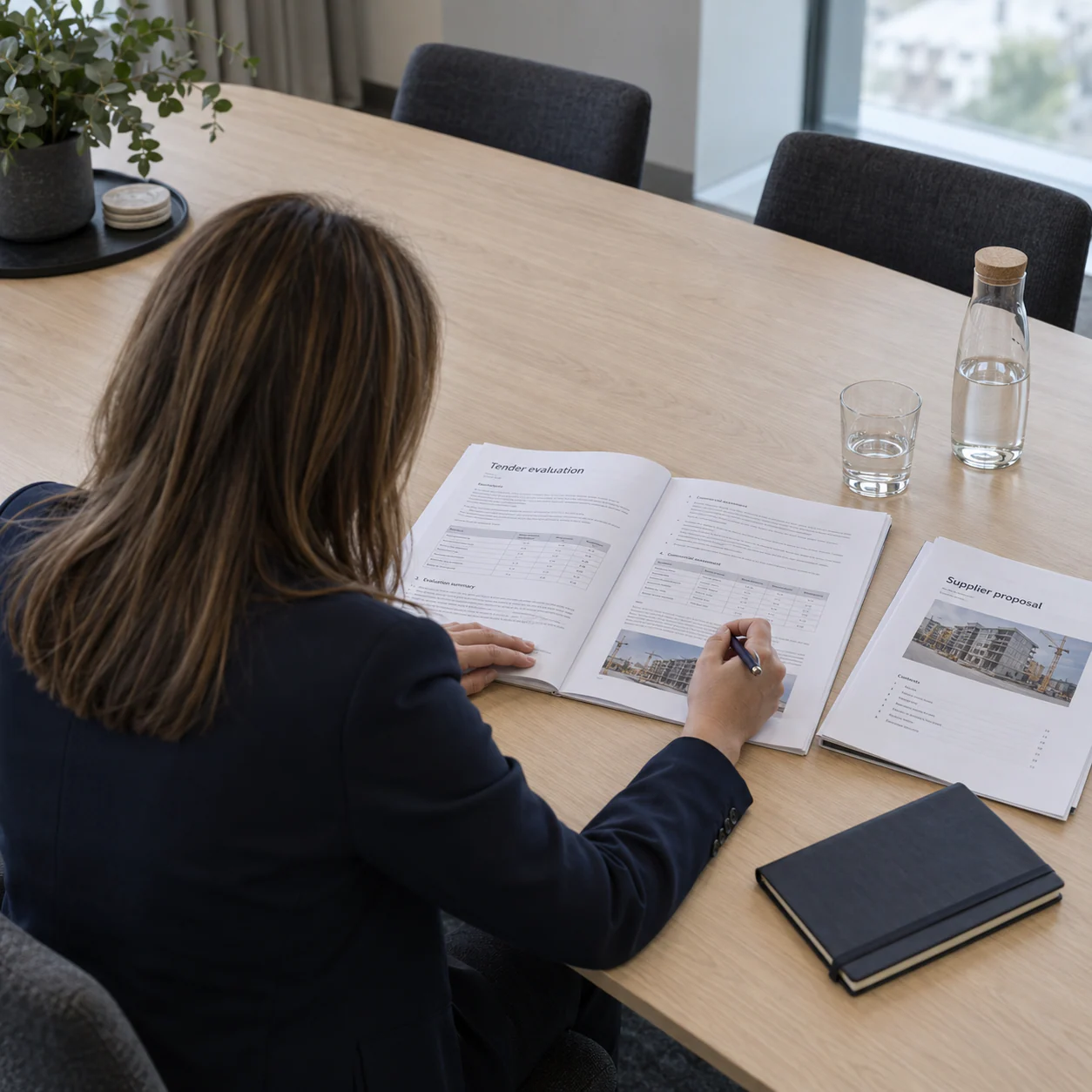 A procurement manager reviewing a bid evaluation at a conference table