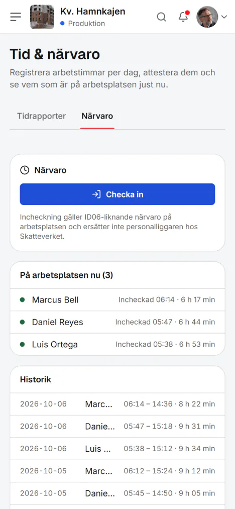 Skärmbild från Fidrel: Incheckad på en sekund