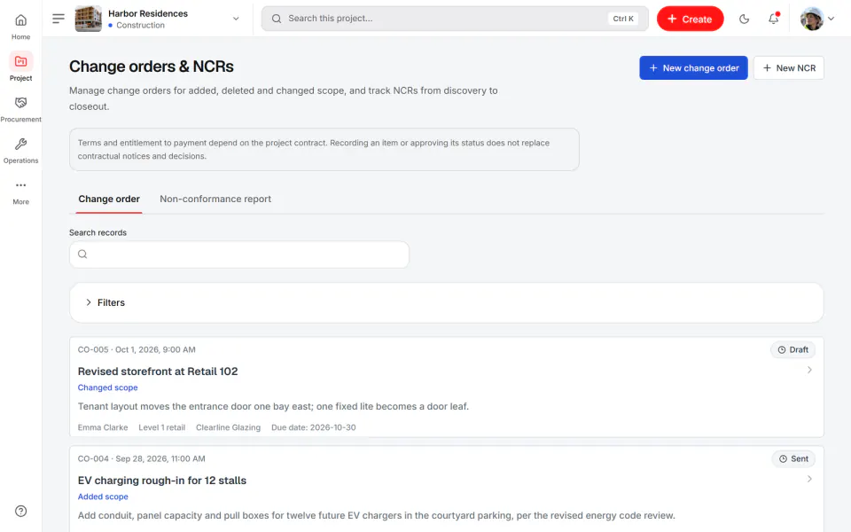 Screenshot from Fidrel: Change orders