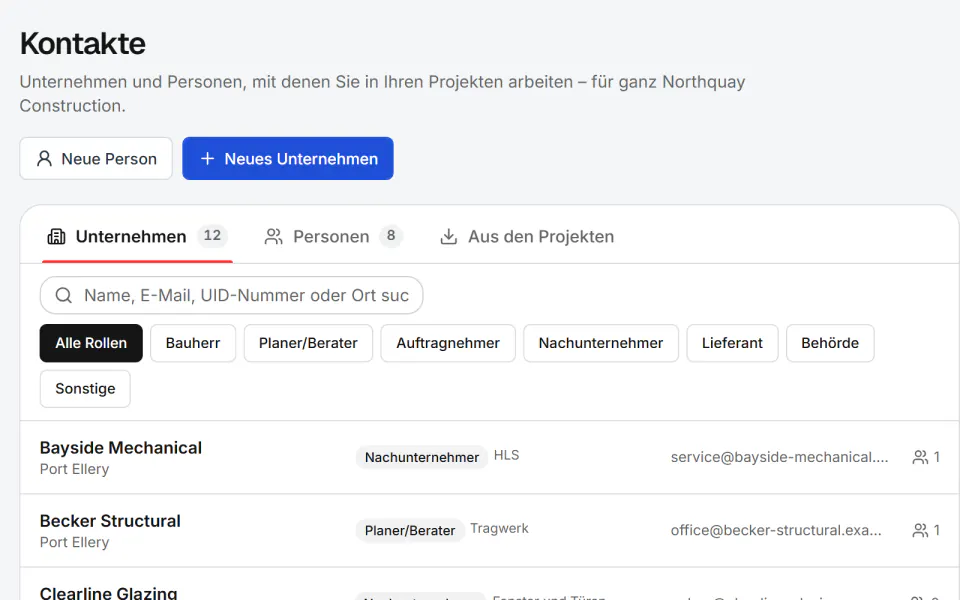 Screenshot aus Fidrel: Unternehmen und Kontakte an einem Ort