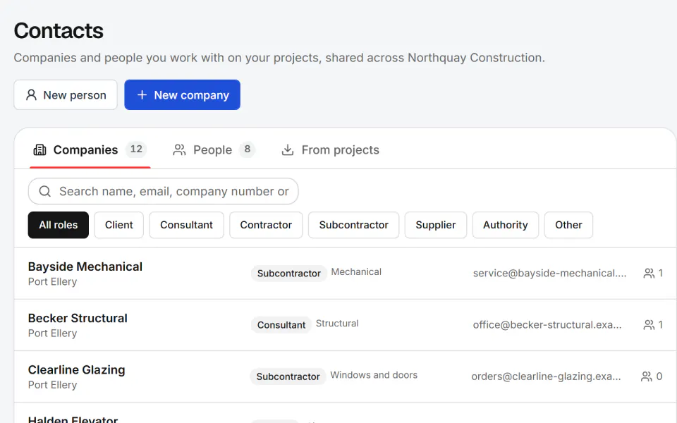 Screenshot from Fidrel: Companies and contacts in one place