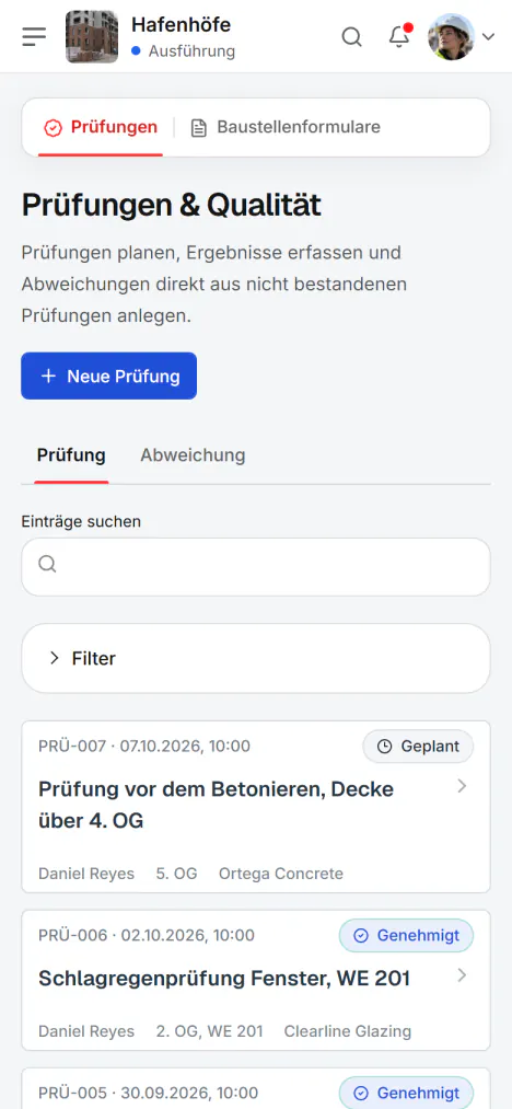 Screenshot aus Fidrel: Die Prüfung wird mit Fotos dokumentiert
