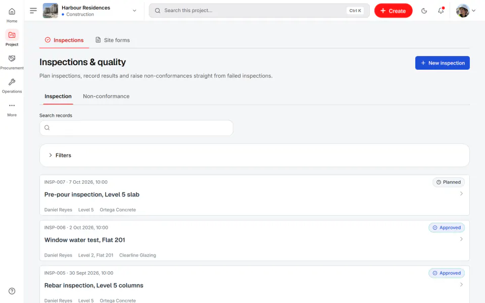 Screenshot from Fidrel: Inspections