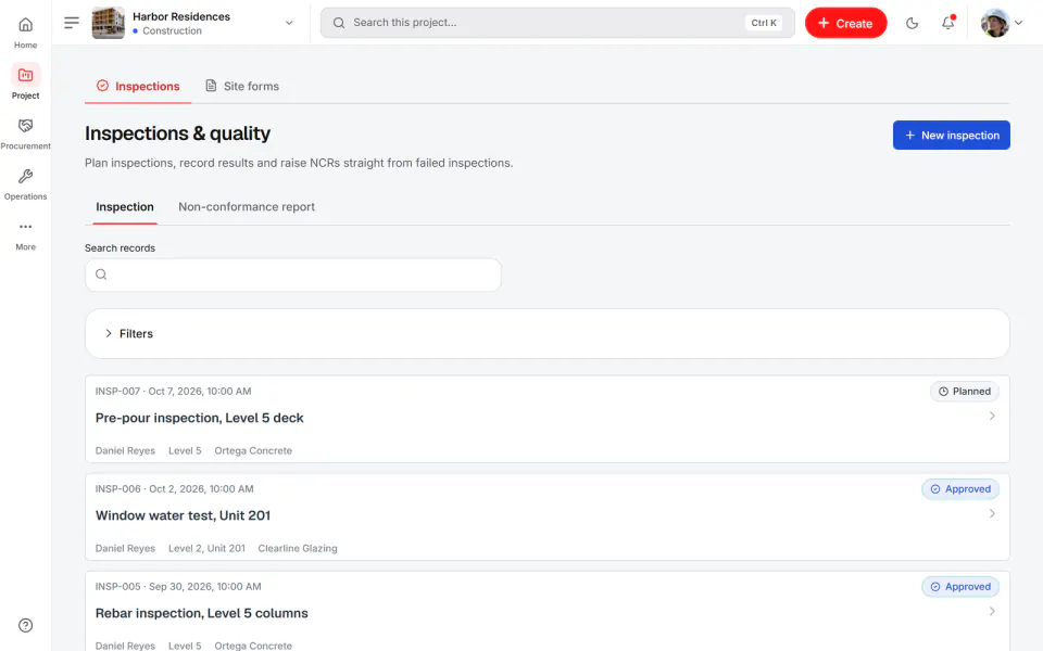 Screenshot from Fidrel: Inspections