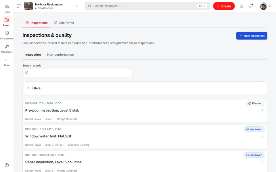 Screenshot from Fidrel: Inspections