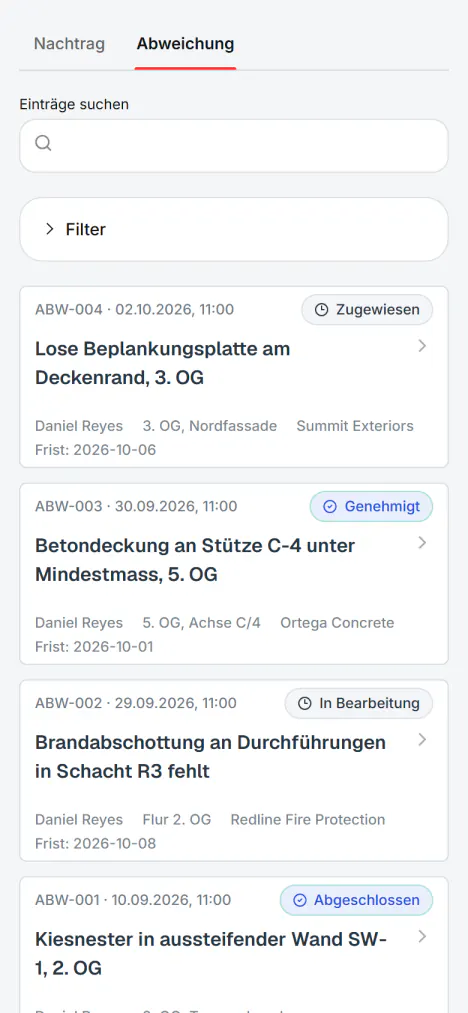 Screenshot aus Fidrel: Abweichung mit Foto, direkt von der Baustelle