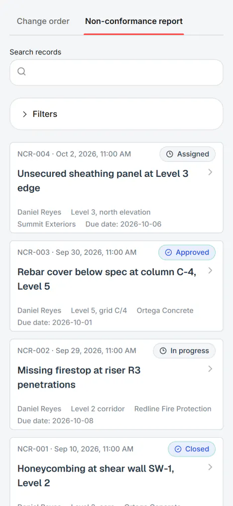 Screenshot from Fidrel: NCRs with photos, straight from the jobsite