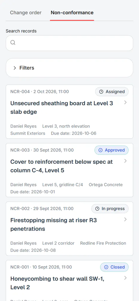 Screenshot from Fidrel: Non-conformances with photos, straight from site