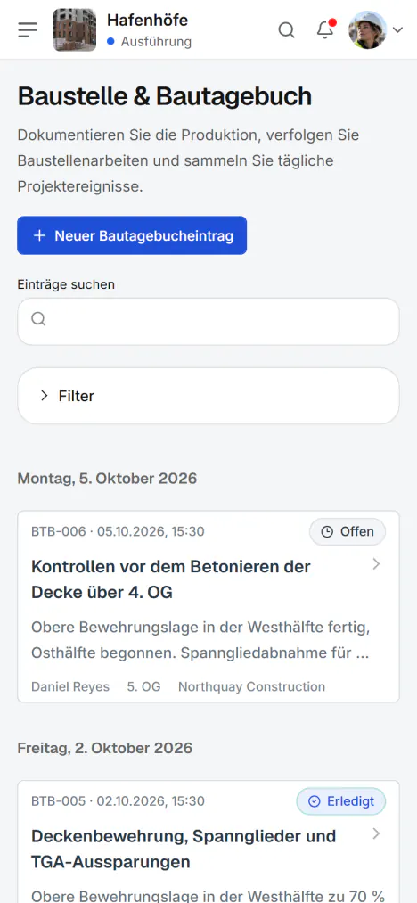 Screenshot aus Fidrel: Das Bautagebuch entsteht, wo gearbeitet wird