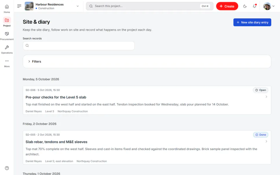 Screenshot from Fidrel: Site diary