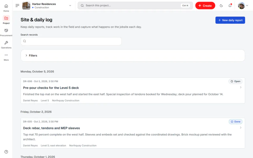 Screenshot from Fidrel: Daily log