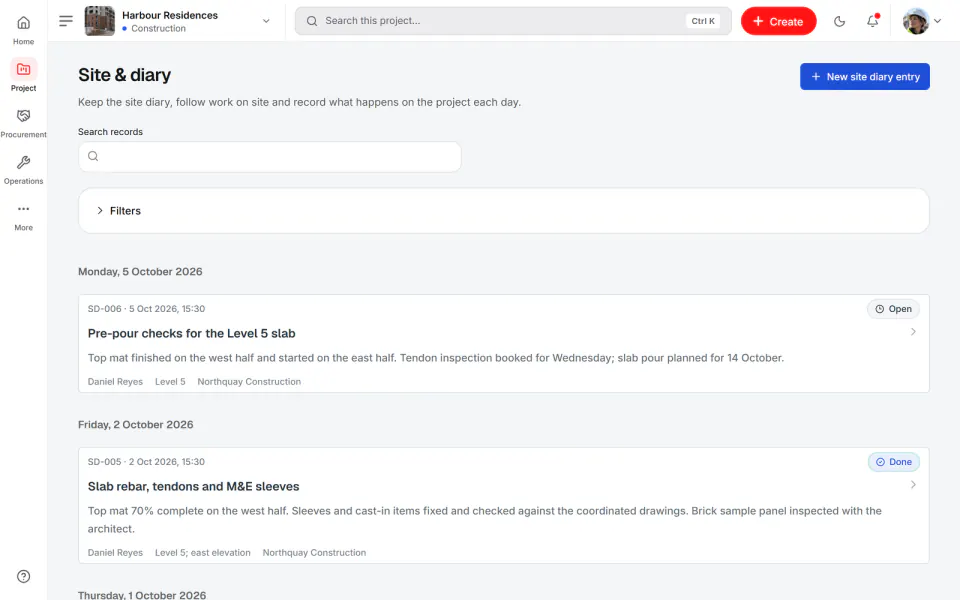 Screenshot from Fidrel: Site diary