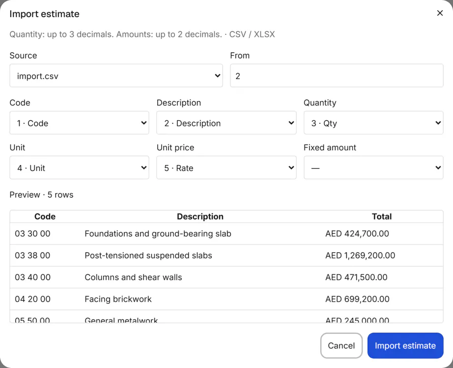 Screenshot from Fidrel: From spreadsheet to estimate