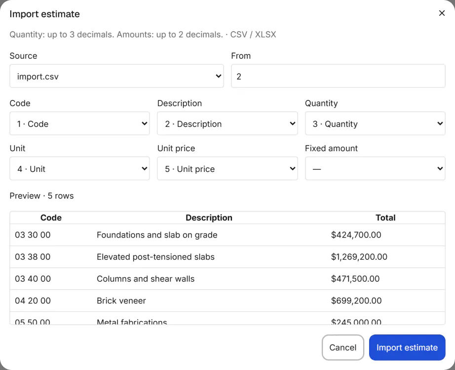 Screenshot from Fidrel: From spreadsheet to estimate