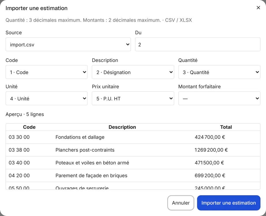 Capture d’écran de Fidrel : Du tableur à l’estimation