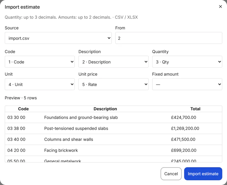 Screenshot from Fidrel: From spreadsheet to estimate