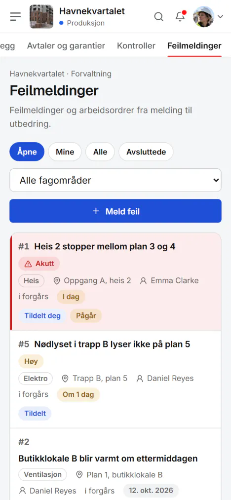 Skjermbilde fra Fidrel: Meld feilen der du ser den