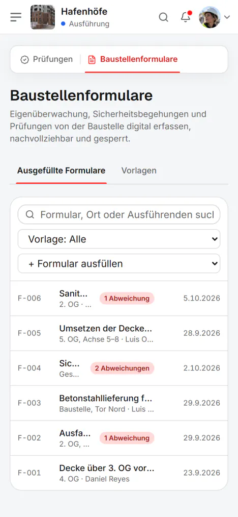 Screenshot aus Fidrel: Drei Schaltflächen je Prüfpunkt