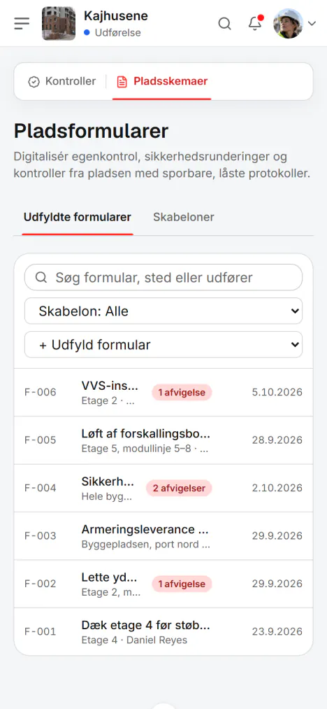 Skærmbillede fra Fidrel: Tre knapper pr. kontrolpunkt