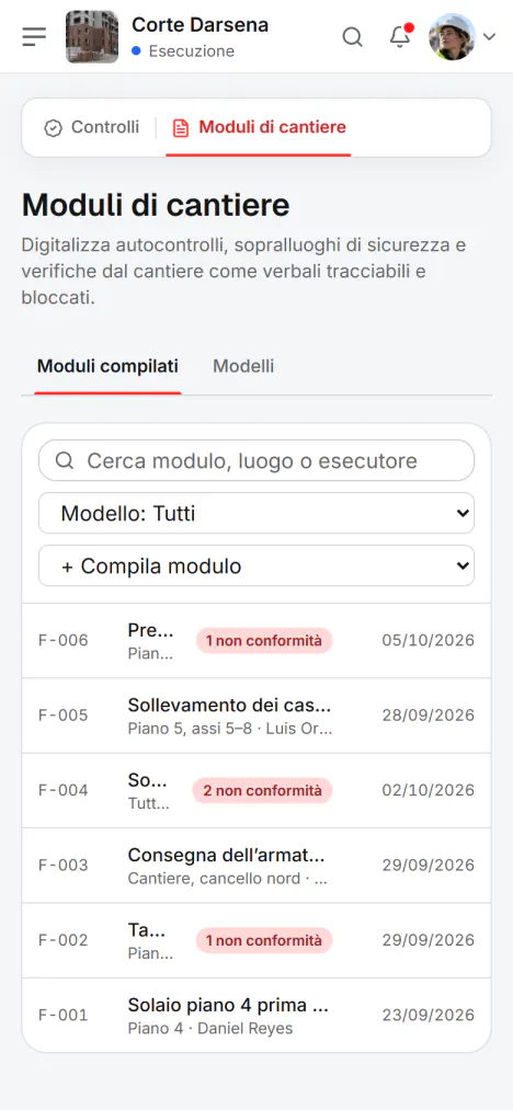 Schermata di Fidrel: Tre pulsanti per ogni punto