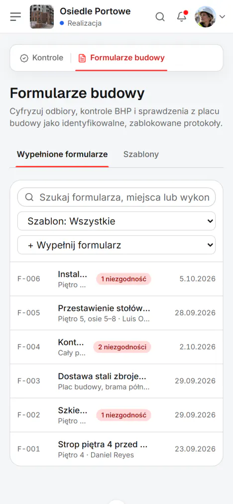 Zrzut ekranu z Fidrel: Trzy przyciski przy każdym punkcie