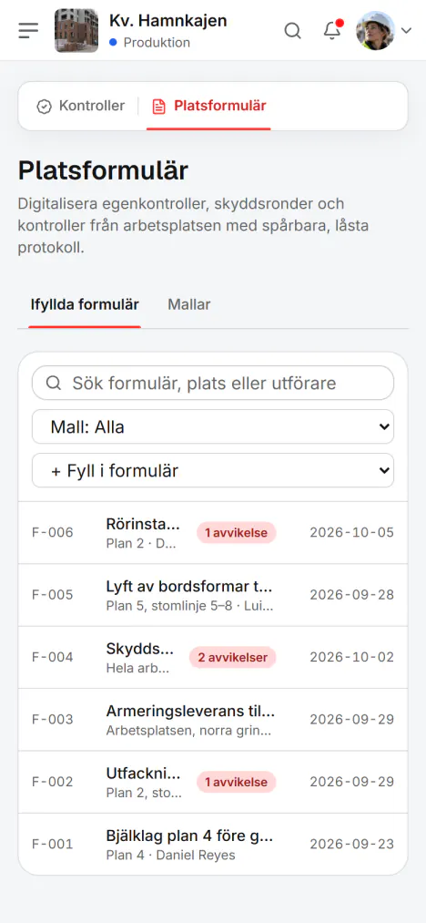 Skärmbild från Fidrel: Tre knappar per kontrollpunkt