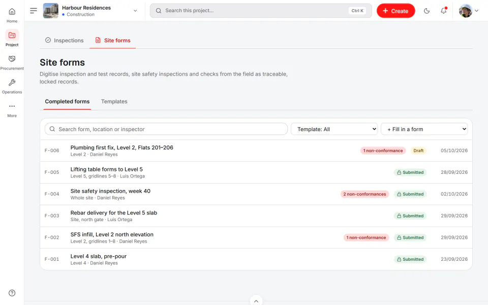 Screenshot from Fidrel: Completed forms