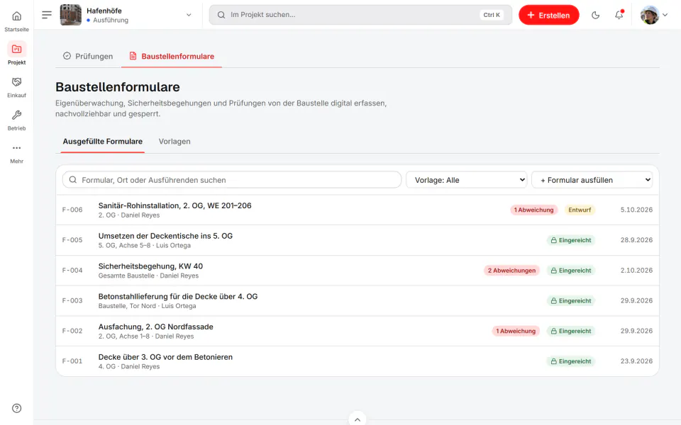 Screenshot aus Fidrel: Ausgefüllte Formulare