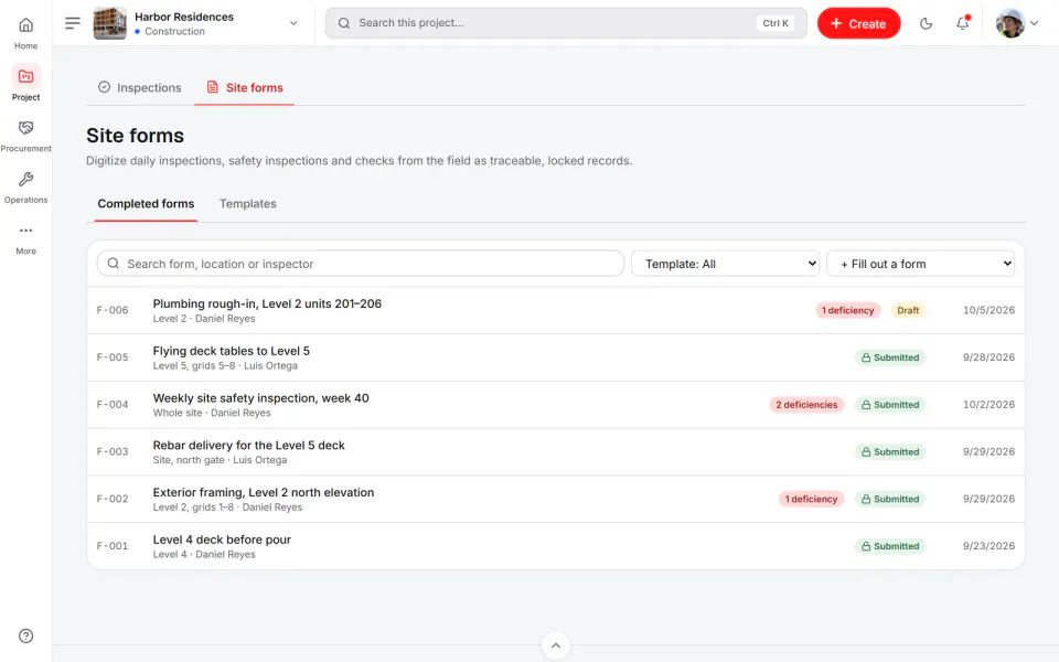 Screenshot from Fidrel: Completed forms