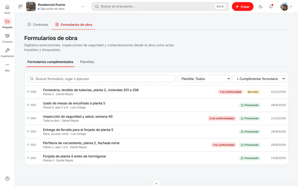 Captura de pantalla de Fidrel: Formularios cumplimentados