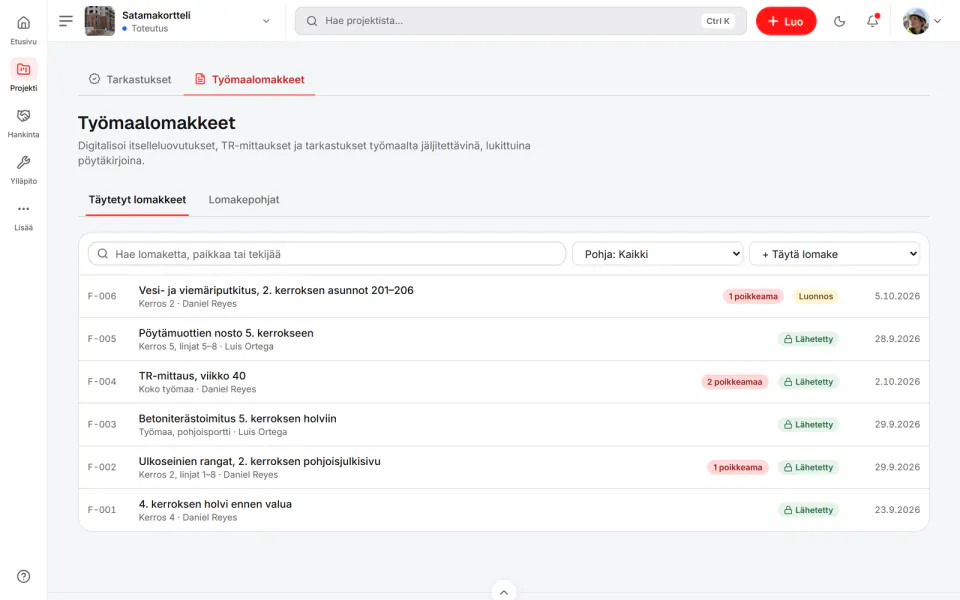 Kuvakaappaus Fidrelistä: Täytetyt lomakkeet