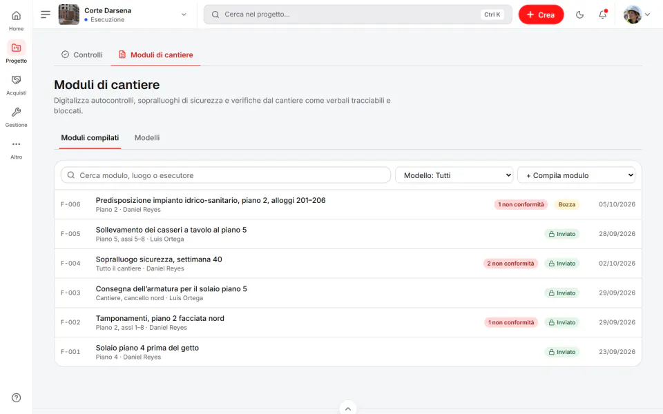 Schermata di Fidrel: Moduli compilati