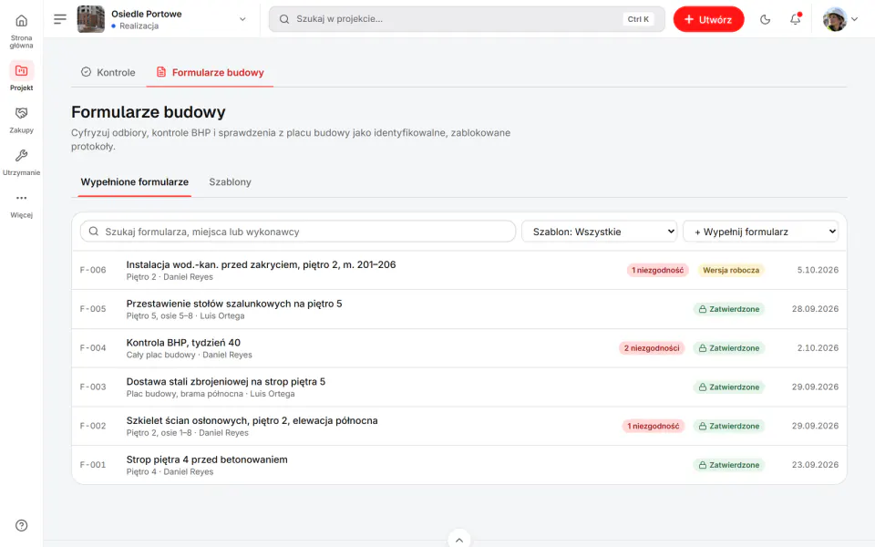 Zrzut ekranu z Fidrel: Wypełnione formularze