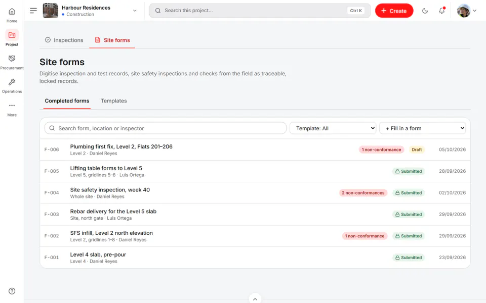 Screenshot from Fidrel: Completed forms