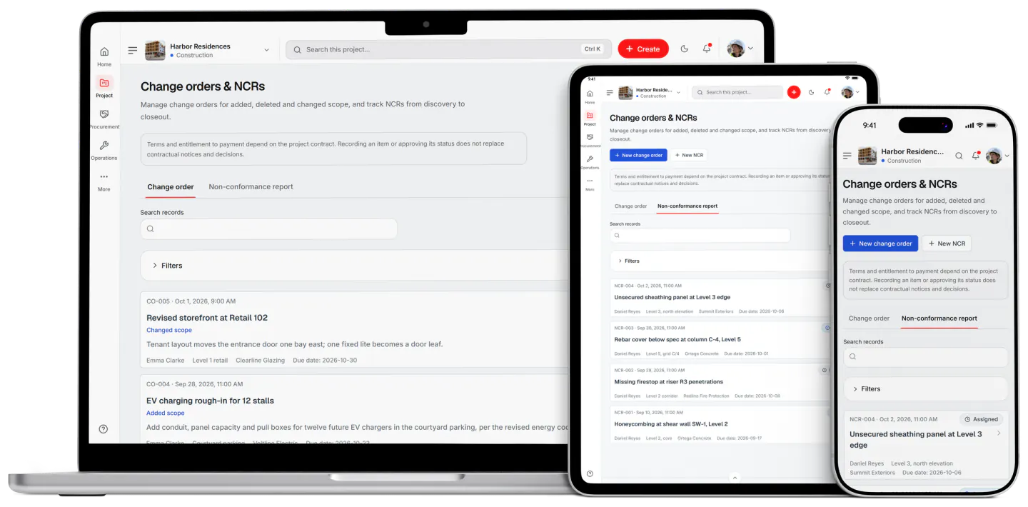 Screenshot from Fidrel: Change orders & deviations
