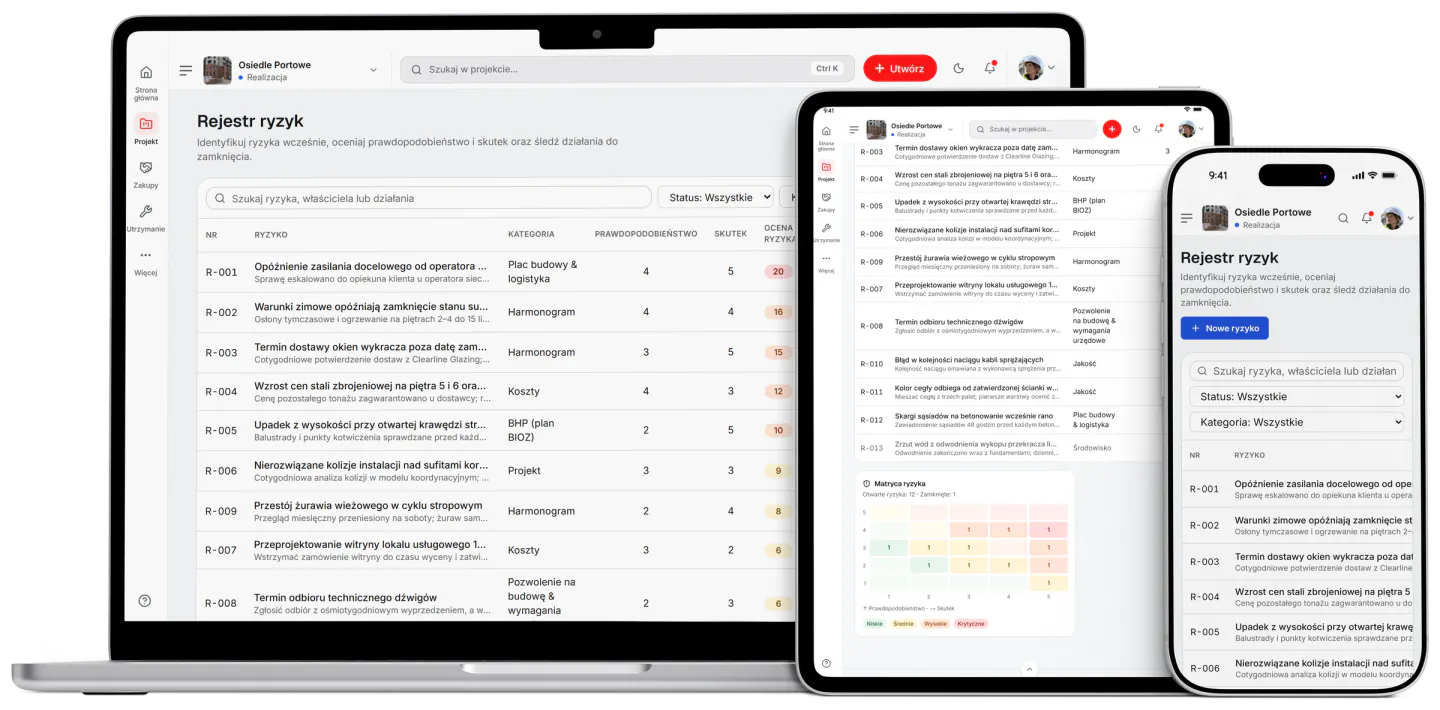 Zrzut ekranu z Fidrel: Rejestr ryzyk
