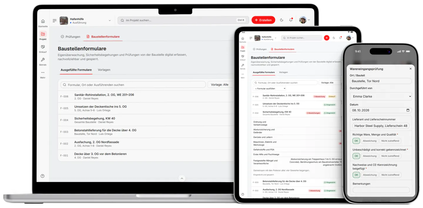 Screenshot aus Fidrel: Baustellenformulare
