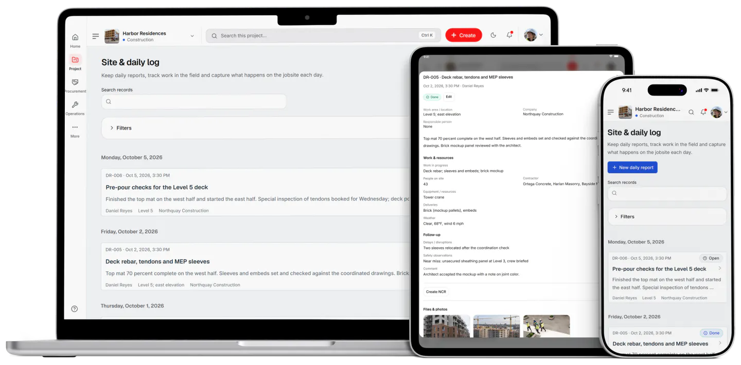 Screenshot from Fidrel: Site & daily log