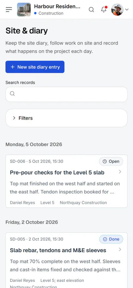 Screenshot from Fidrel: Site & diary
