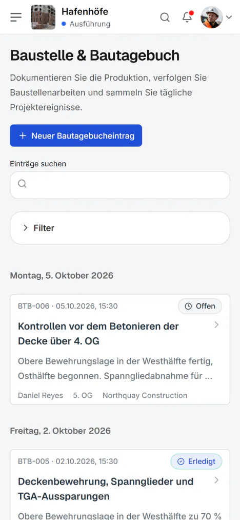 Screenshot aus Fidrel: Baustelle & Tagebuch
