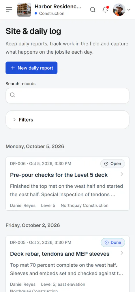 Screenshot from Fidrel: Site & daily log