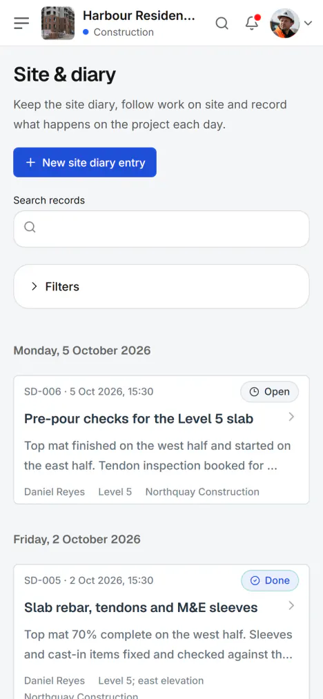 Screenshot from Fidrel: Site & diary