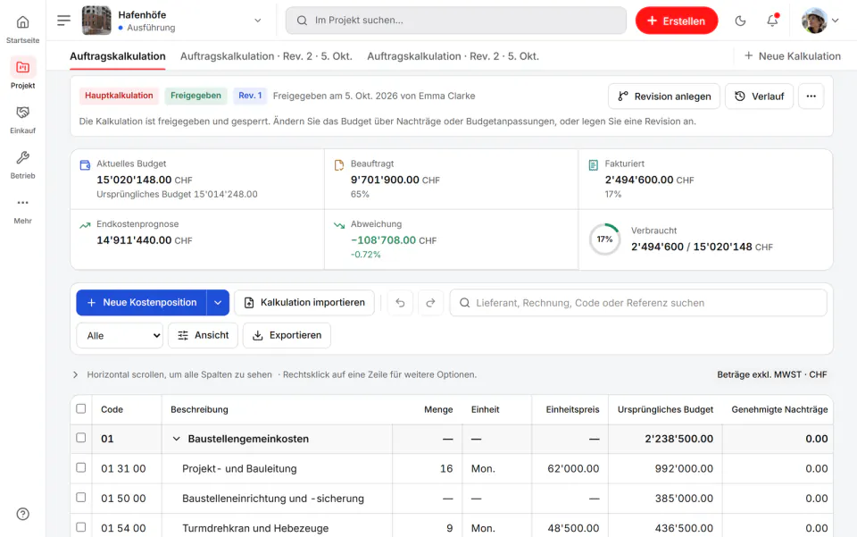 Screenshot aus Fidrel: Kalkulation