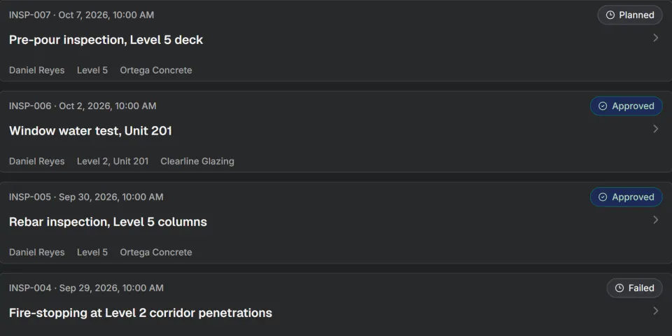 Screenshot from Fidrel: Inspections & quality