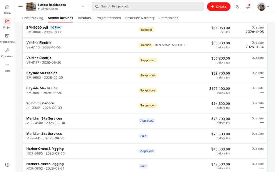 Screenshot from Fidrel: Vendor invoices