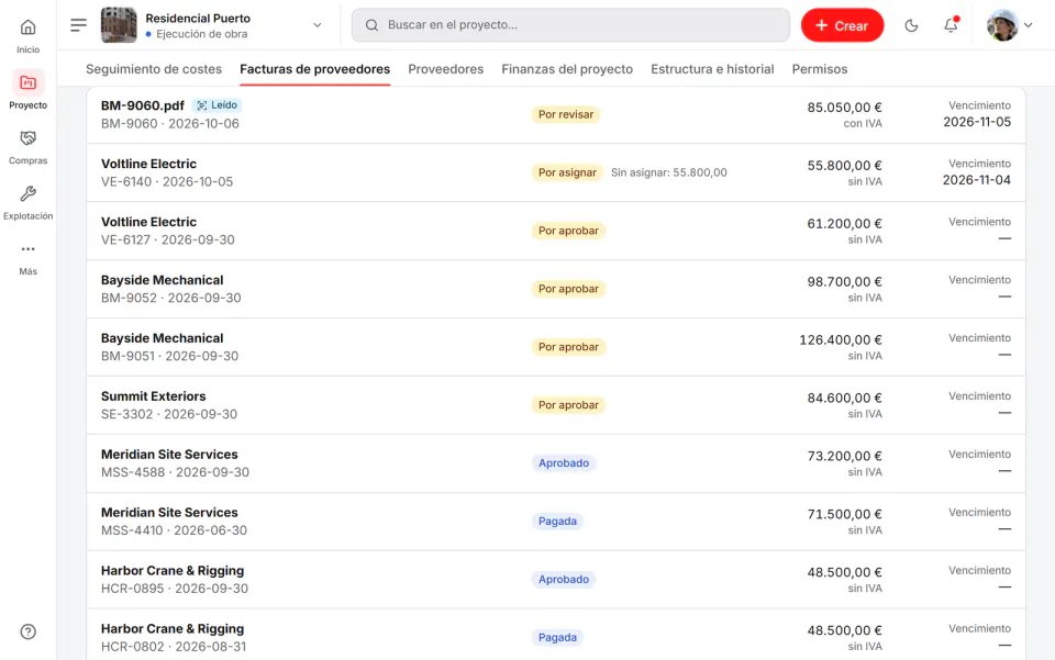 Captura de pantalla de Fidrel: Facturas de proveedores