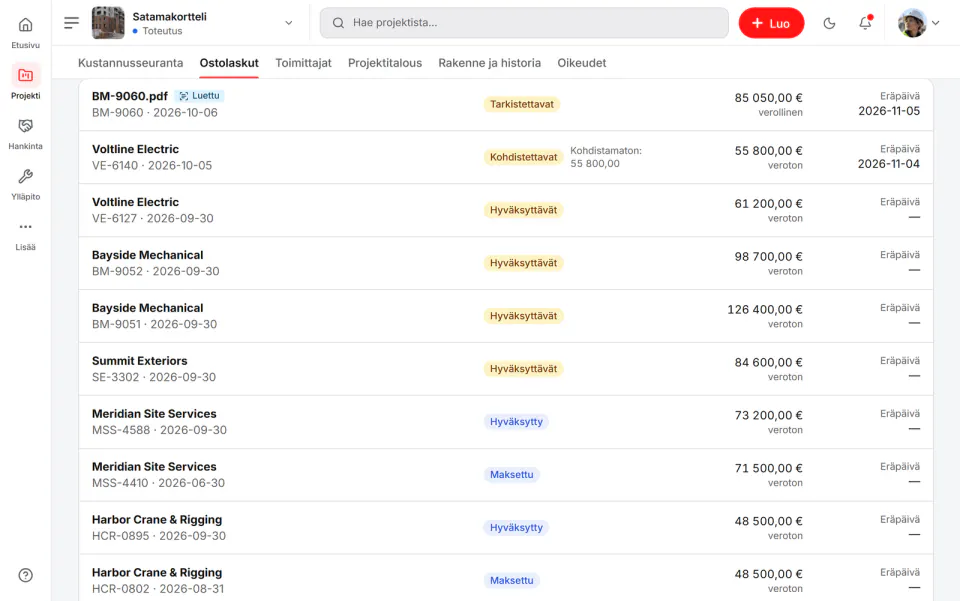 Kuvakaappaus Fidrelistä: Ostolaskut