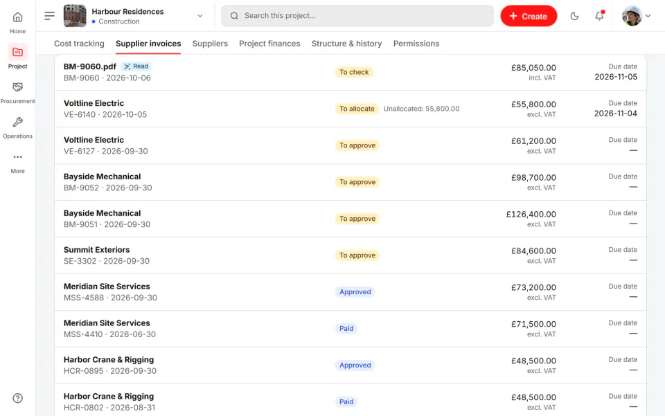 Screenshot from Fidrel: Supplier invoices