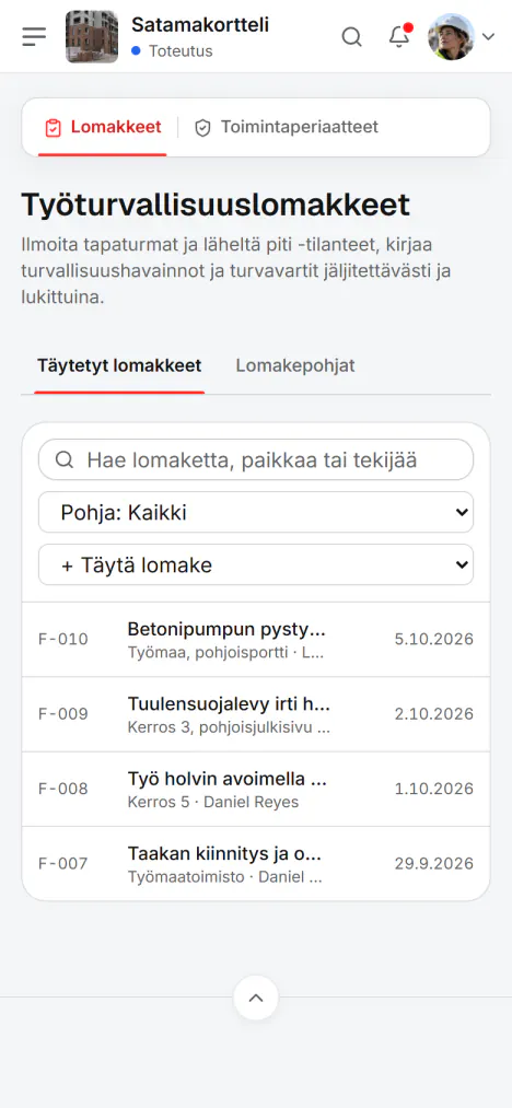 Kuvakaappaus Fidrelistä: Koko lomake puhelimessa